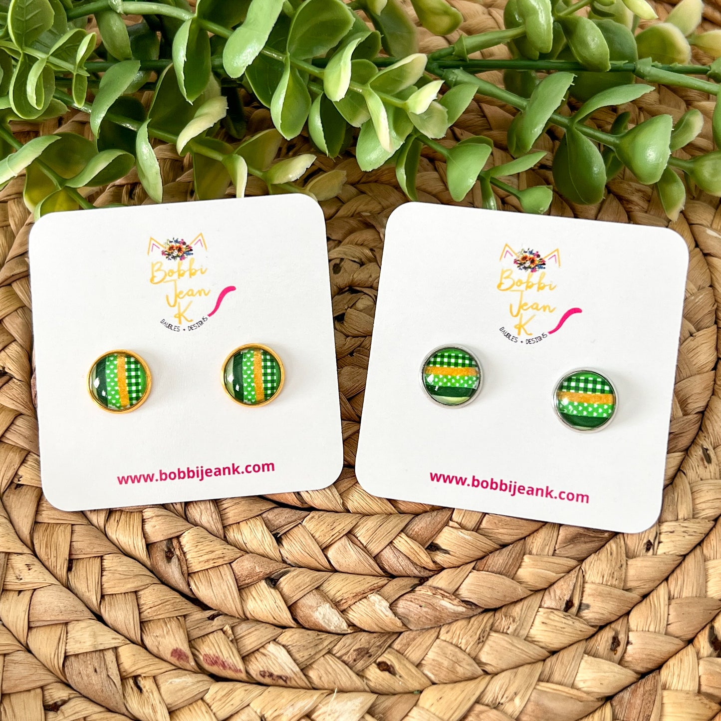 SALE: Green Patchwork Glass Studs 12mm: Choose Silver or Gold Settings - LAST CHANCE