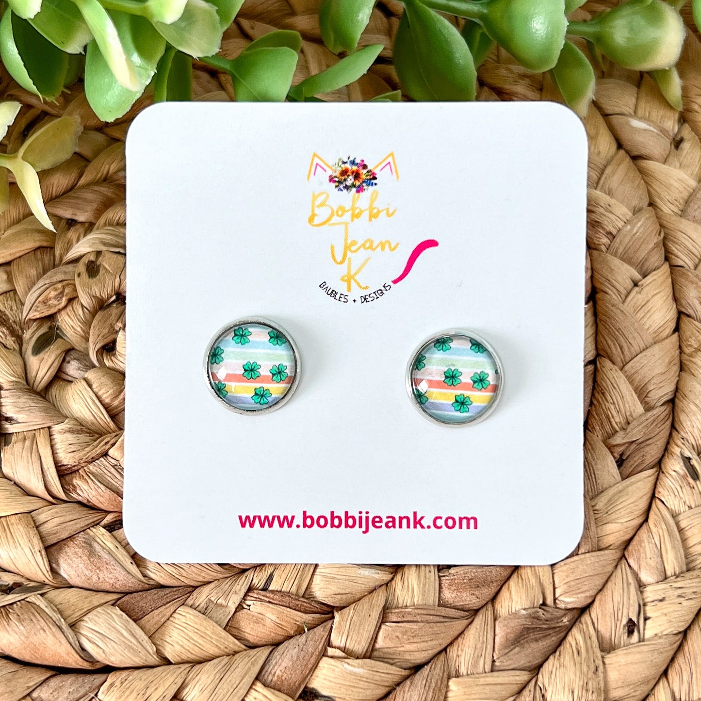 SALE: Pastel Striped Clover Glass Studs 12mm: Choose Silver or Gold Settings - LAST CHANCE