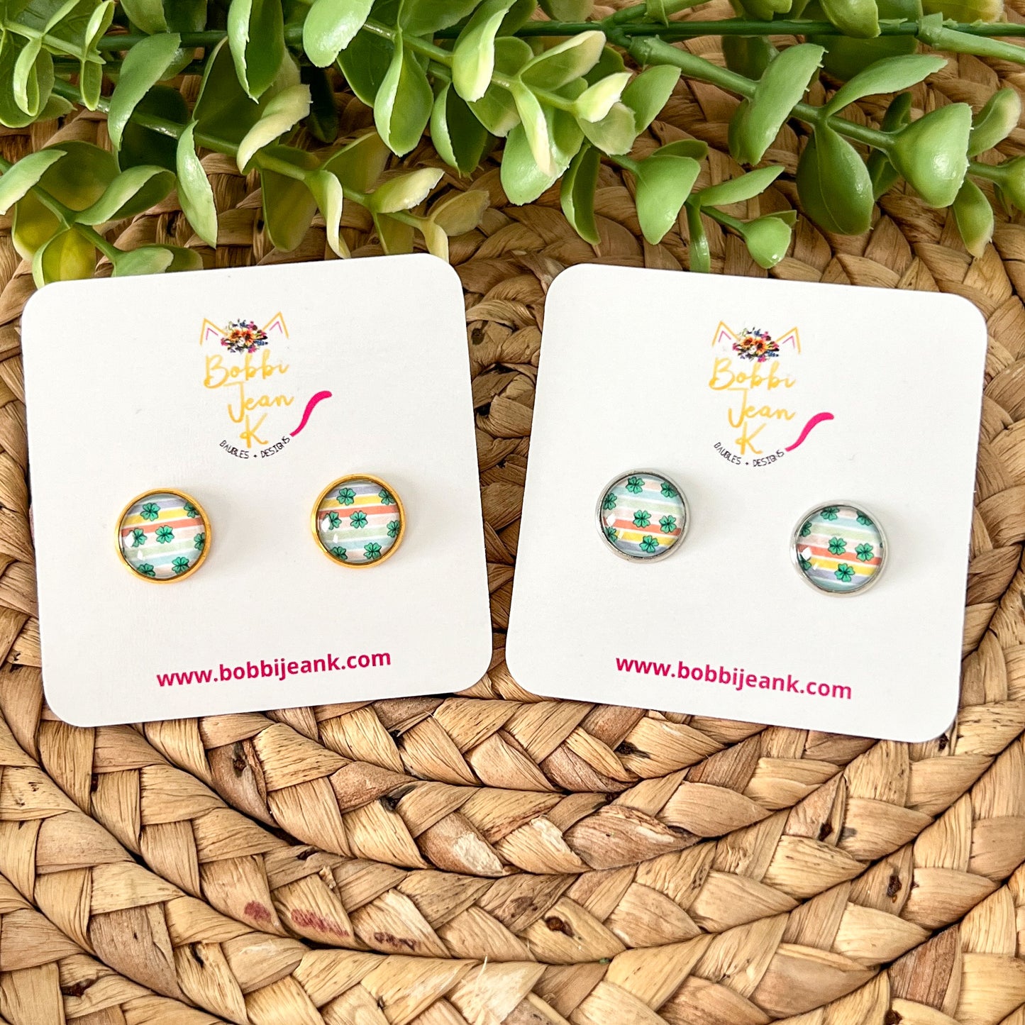 SALE: Pastel Striped Clover Glass Studs 12mm: Choose Silver or Gold Settings - LAST CHANCE