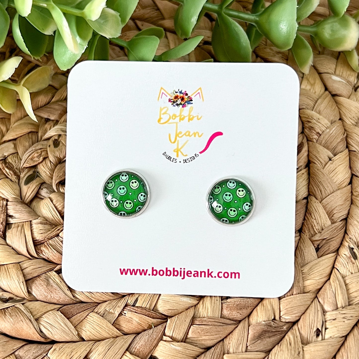 SALE: Retro Smile Glass Studs 12mm: Choose Silver or Gold Settings - LAST CHANCE