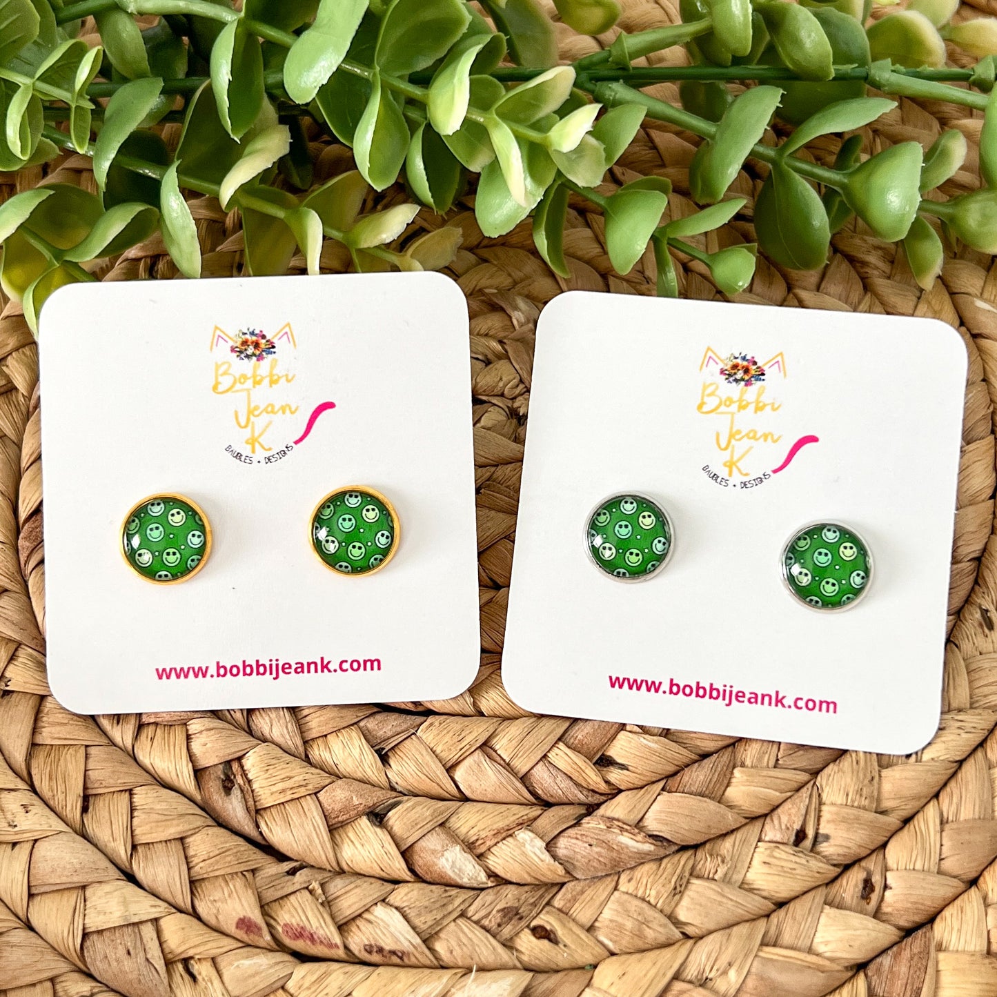 SALE: Retro Smile Glass Studs 12mm: Choose Silver or Gold Settings - LAST CHANCE