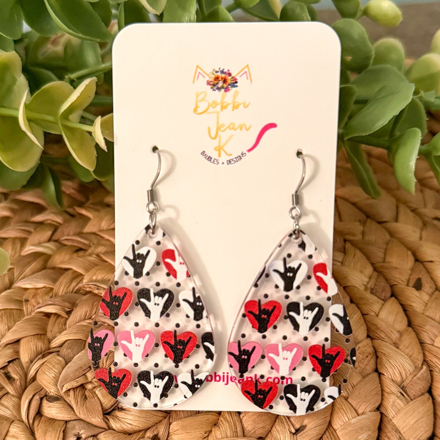 I Love You American Sign Language Clear Acrylic Teardrop Earrings