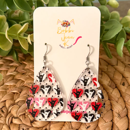 I Love You American Sign Language Clear Acrylic Teardrop Earrings