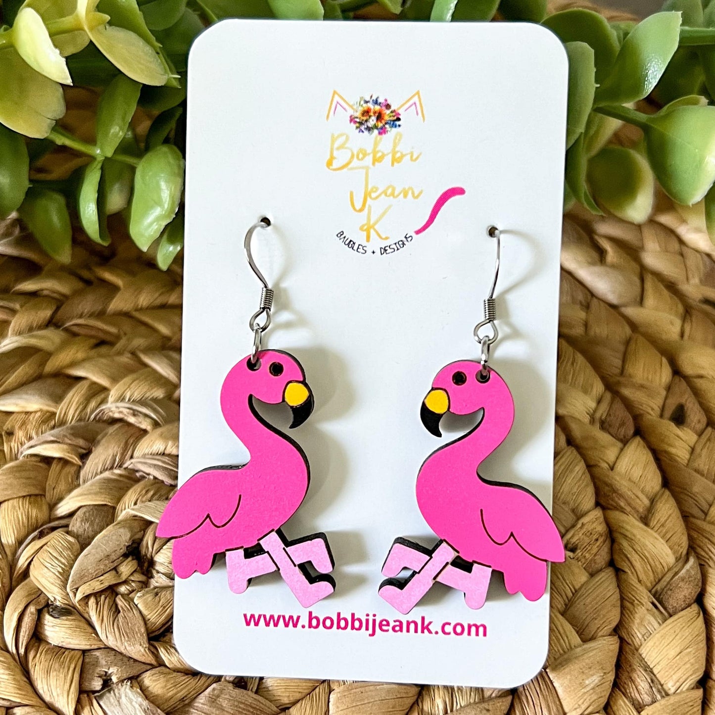 Hand Painted Flamingo Wood Earrings