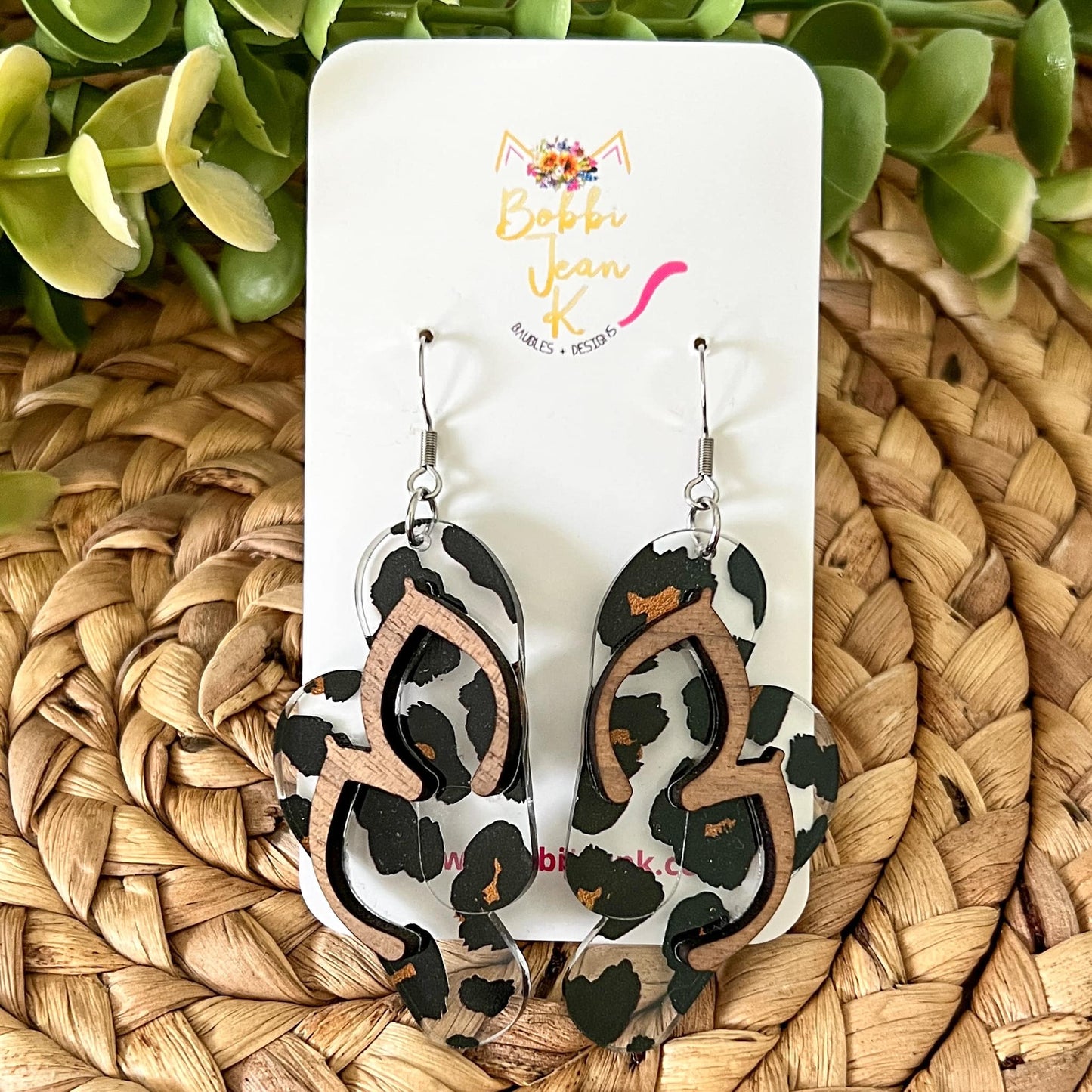 Leopard Print Paired Acrylic Flip Flop Earrings - LAST CHANCE