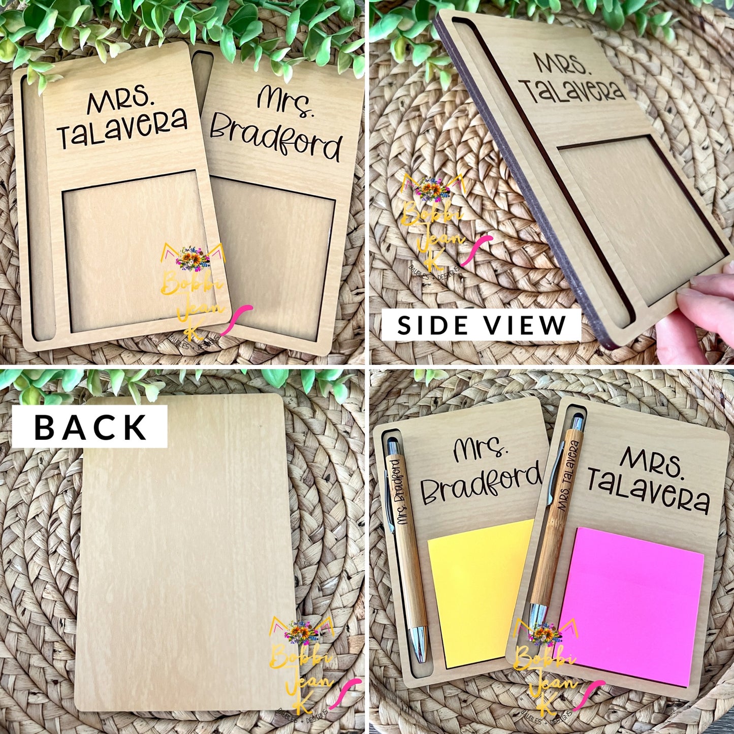 Custom Personalized Engraved Wood Sticky Note/Note Pad Holder & Pen Combo