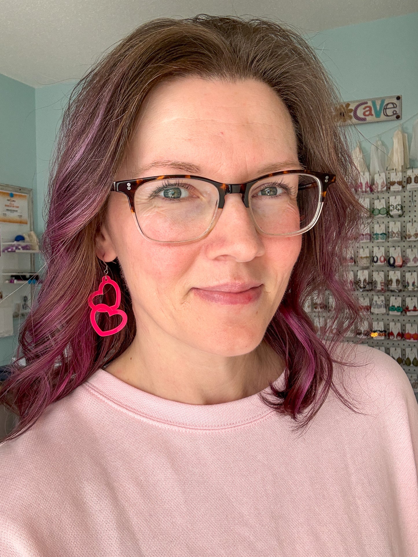 Hot Pink Acrylic Connected Double Heart Earrings: Choose From 2 Sizes