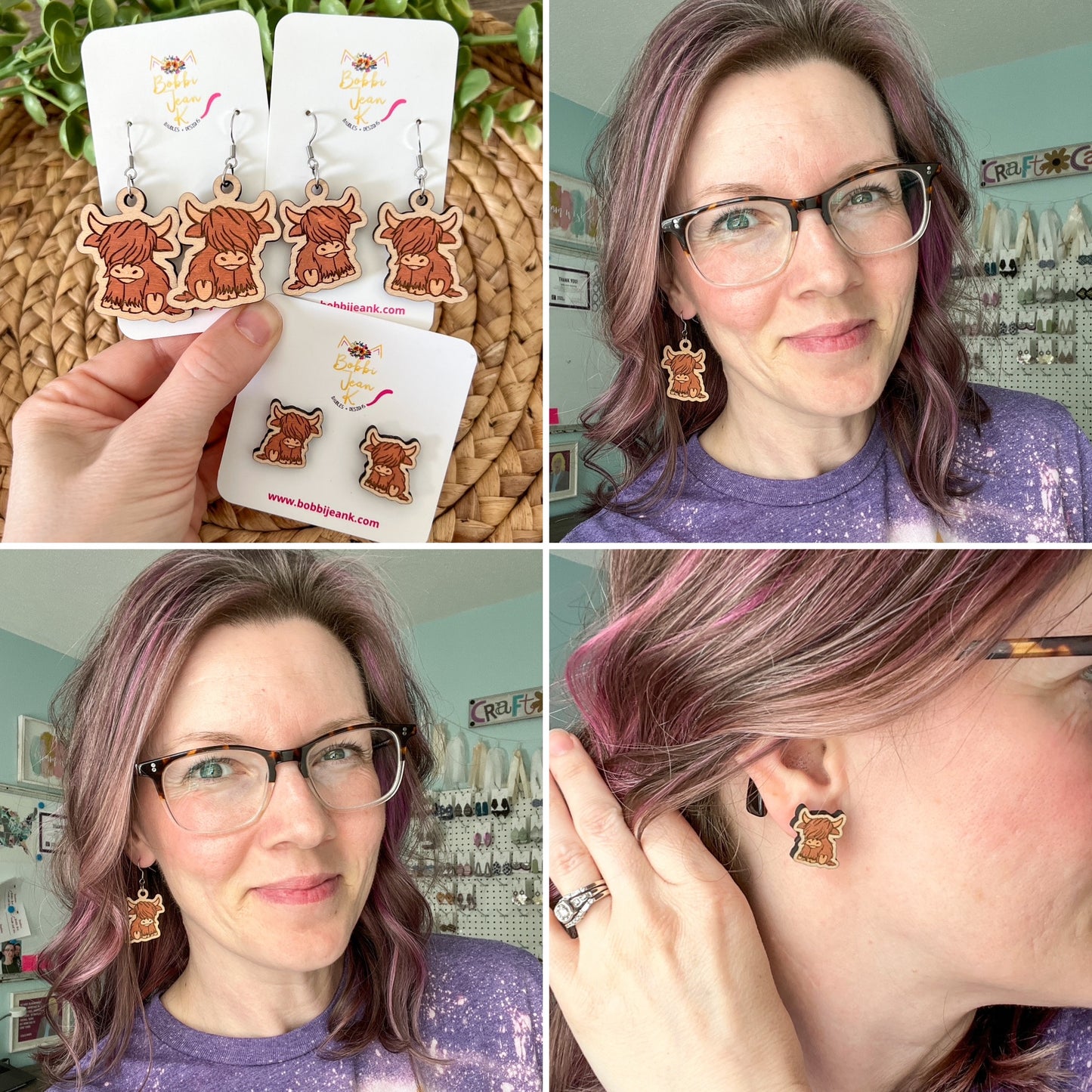 Highland Cow Hand Painted Wood Earrings: Choose from 3 Sizes