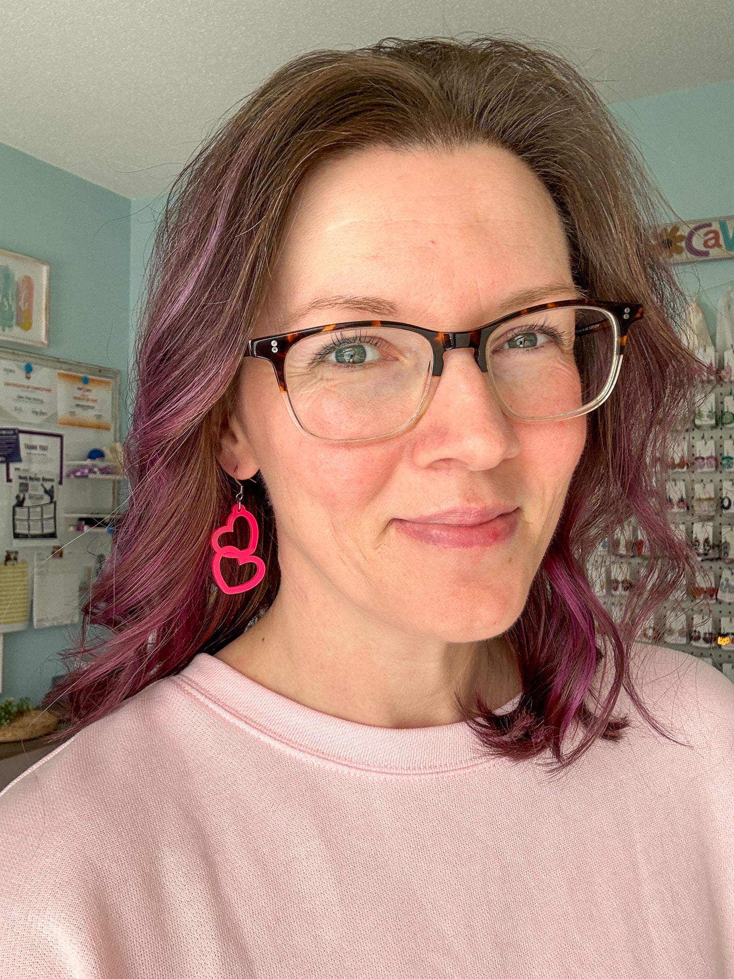 Hot Pink Acrylic Connected Double Heart Earrings: Choose From 2 Sizes