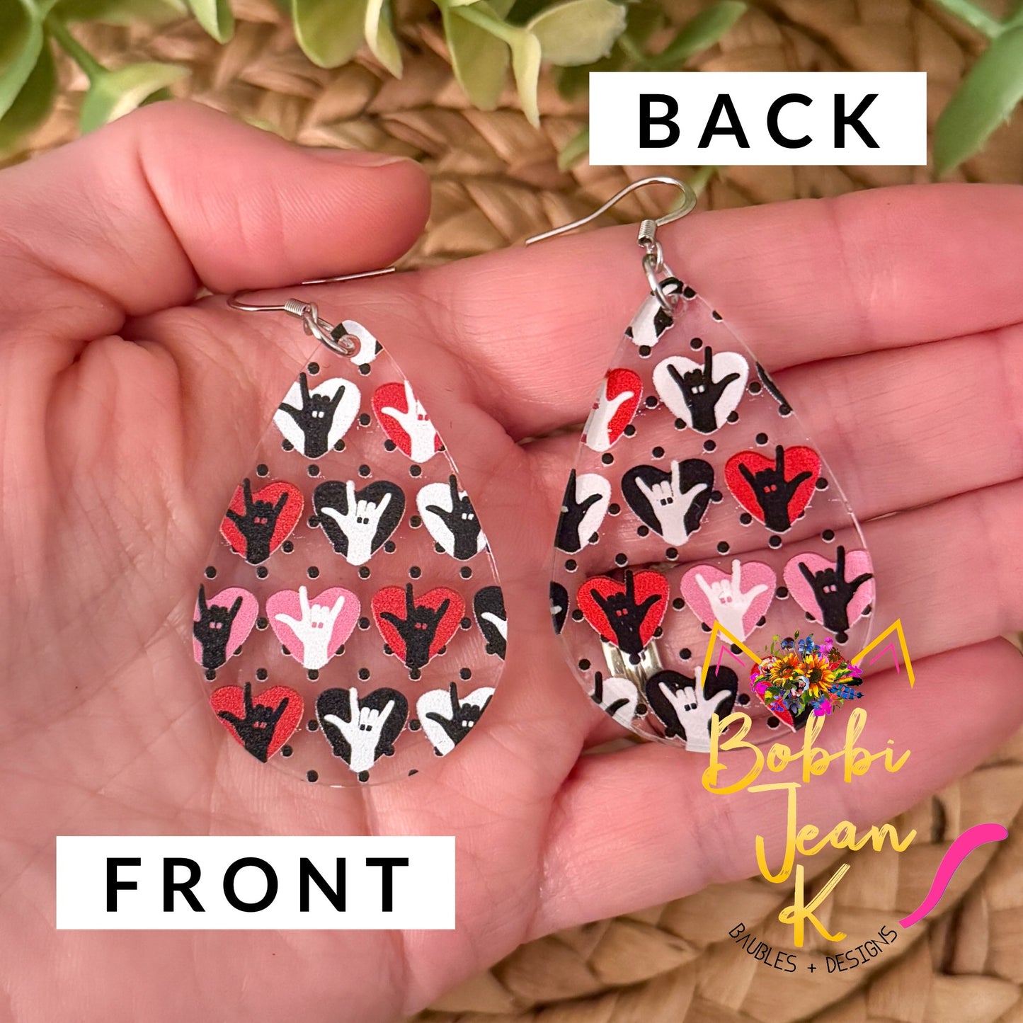 I Love You American Sign Language Clear Acrylic Teardrop Earrings