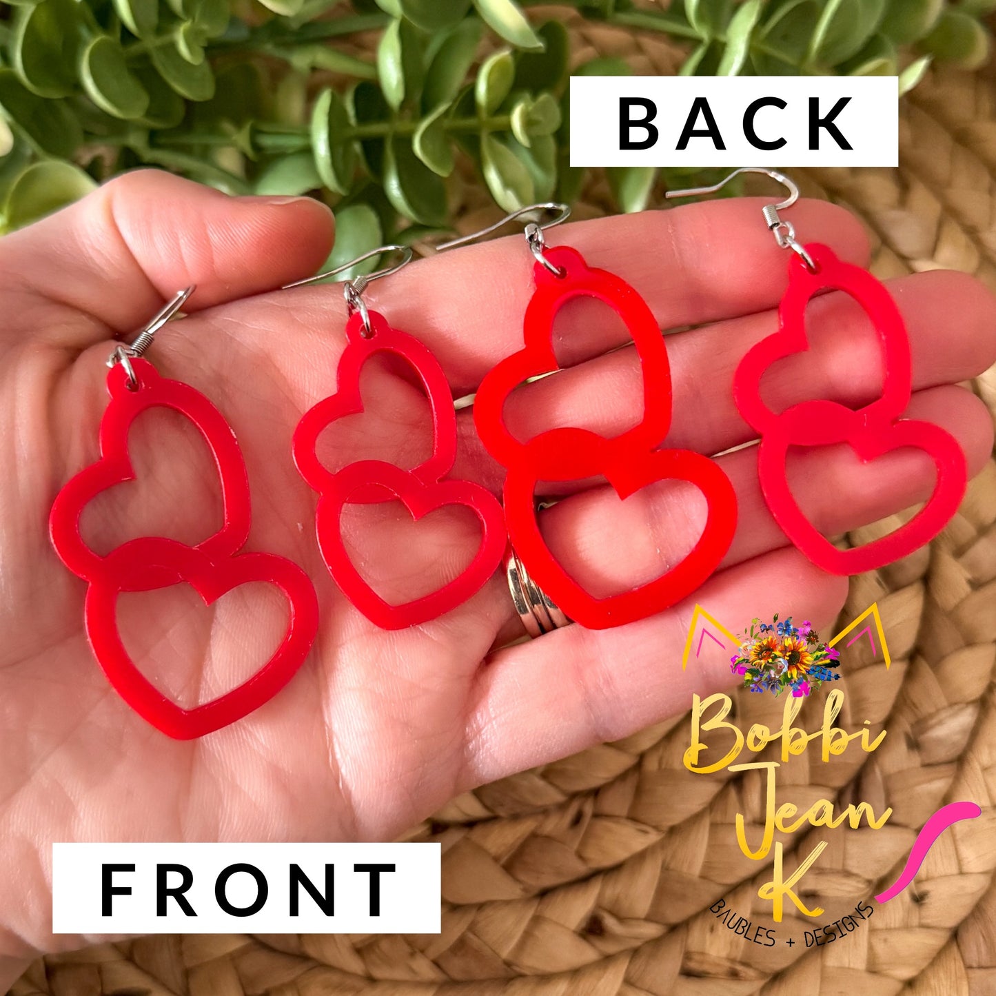 Red Acrylic Connected Double Heart Earrings: Choose From 2 Sizes