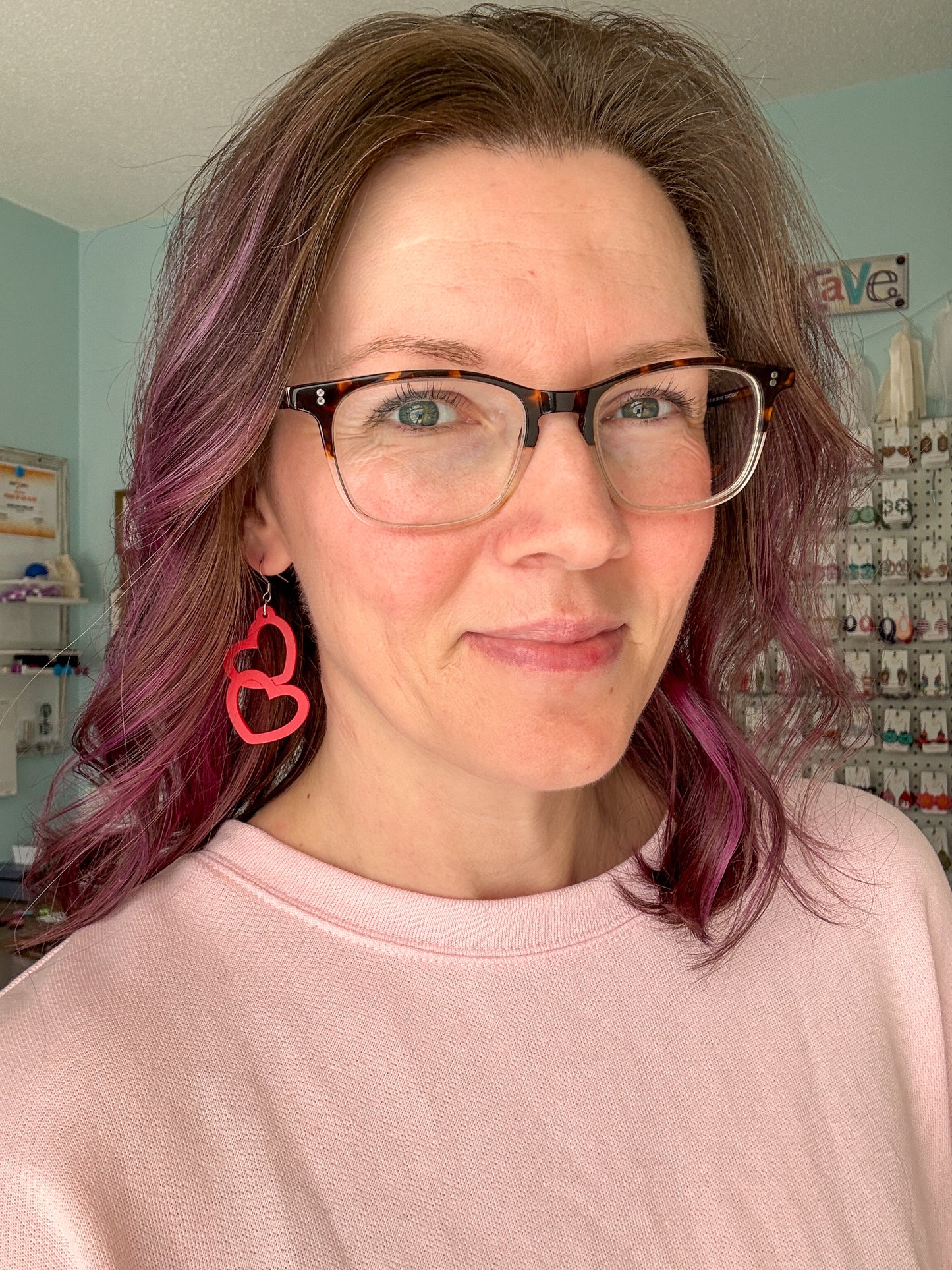 Red Acrylic Connected Double Heart Earrings: Choose From 2 Sizes