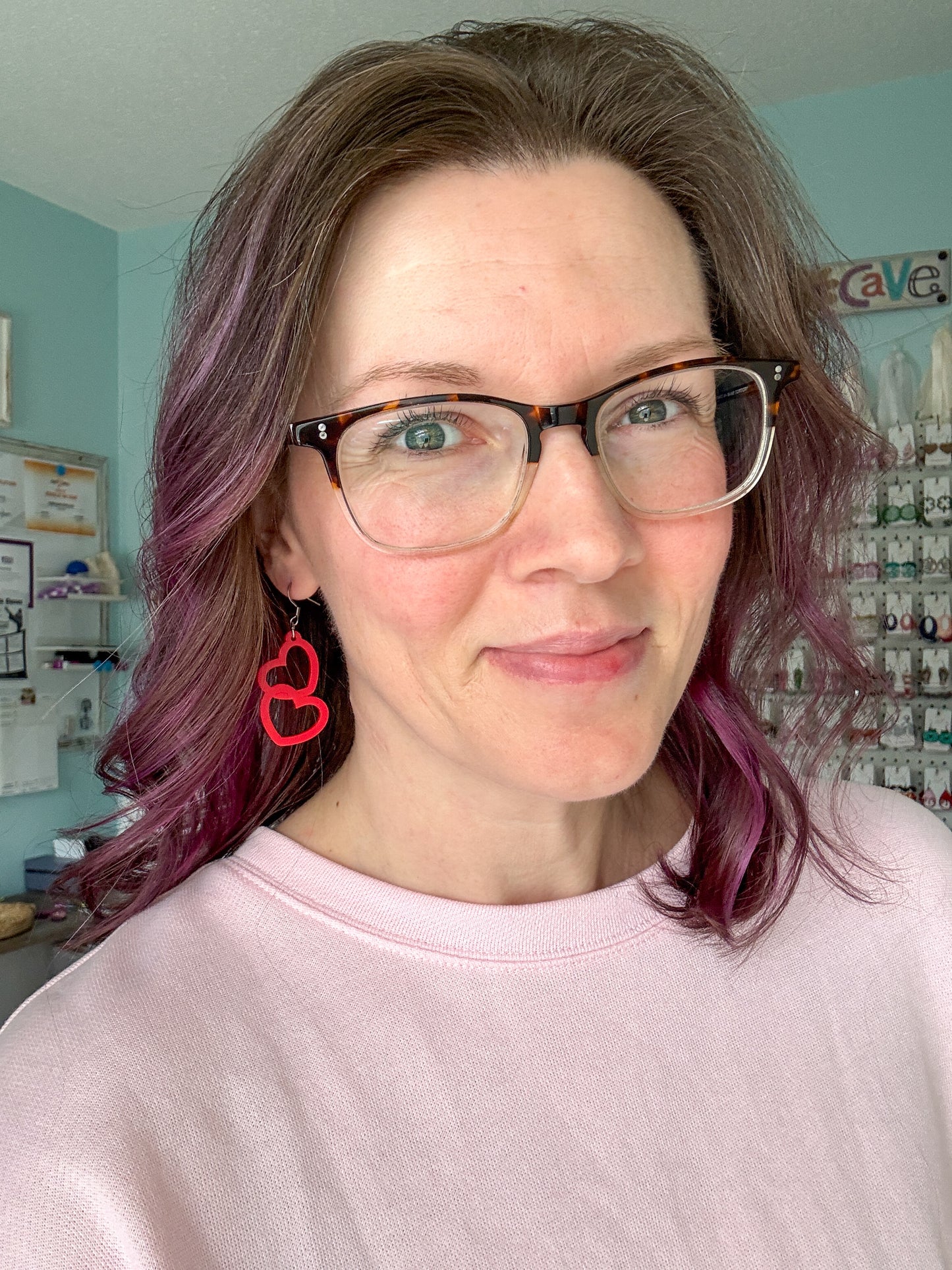 Red Acrylic Connected Double Heart Earrings: Choose From 2 Sizes