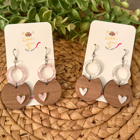 Circular Arc Heart Wood & Acrylic Earrings: Choose From 2 Colors