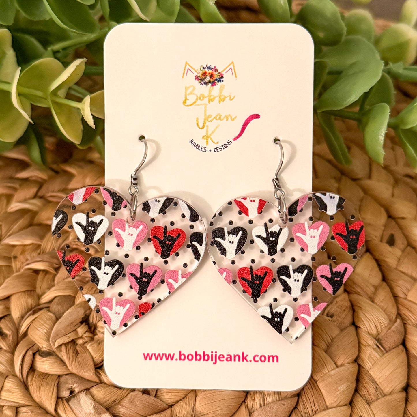 I Love You American Sign Language Clear Acrylic Heart Earrings: Choose From 3 Sizes