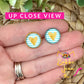 Gold Heart & Teal Striped Glass Studs 12mm: Choose Silver or Gold Settings