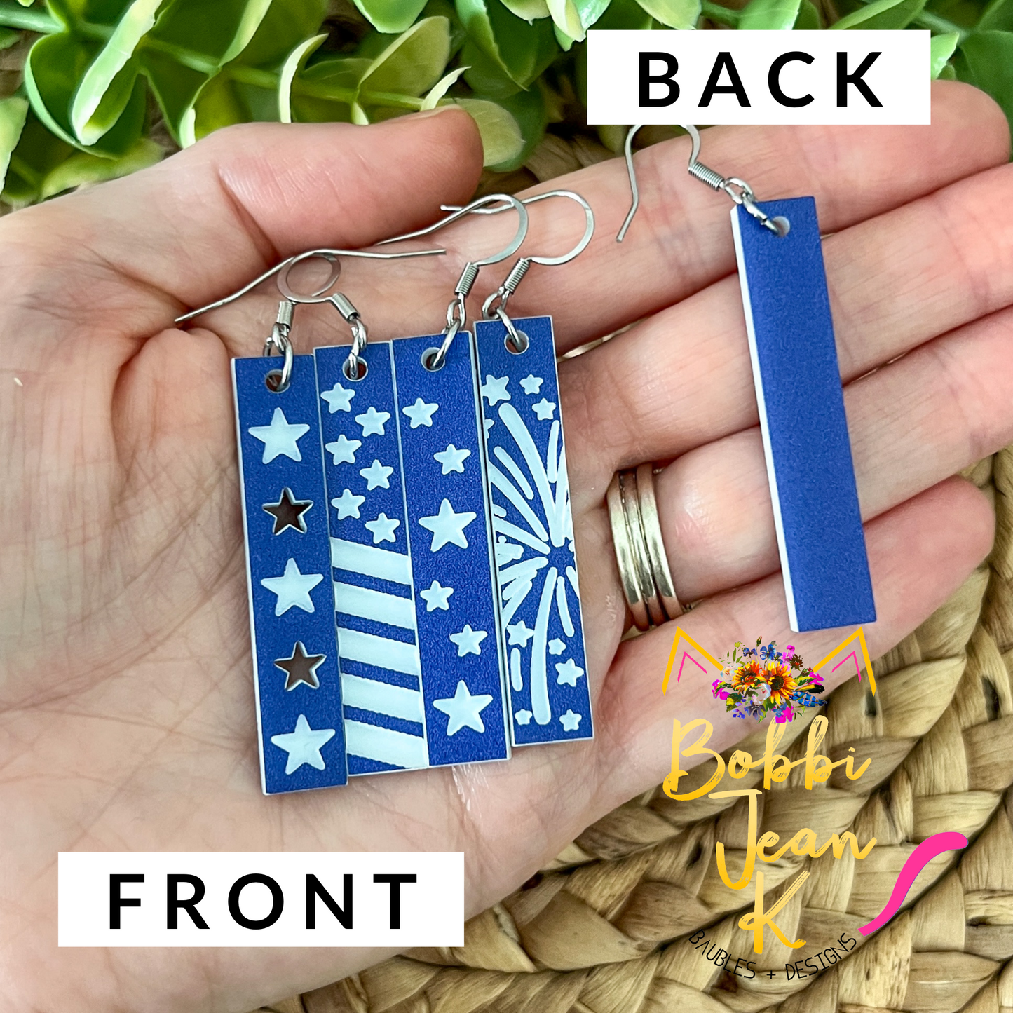 Red or Blue Engraved Patriotic Acrylic Bar Earrings: Choose From 4 Styles