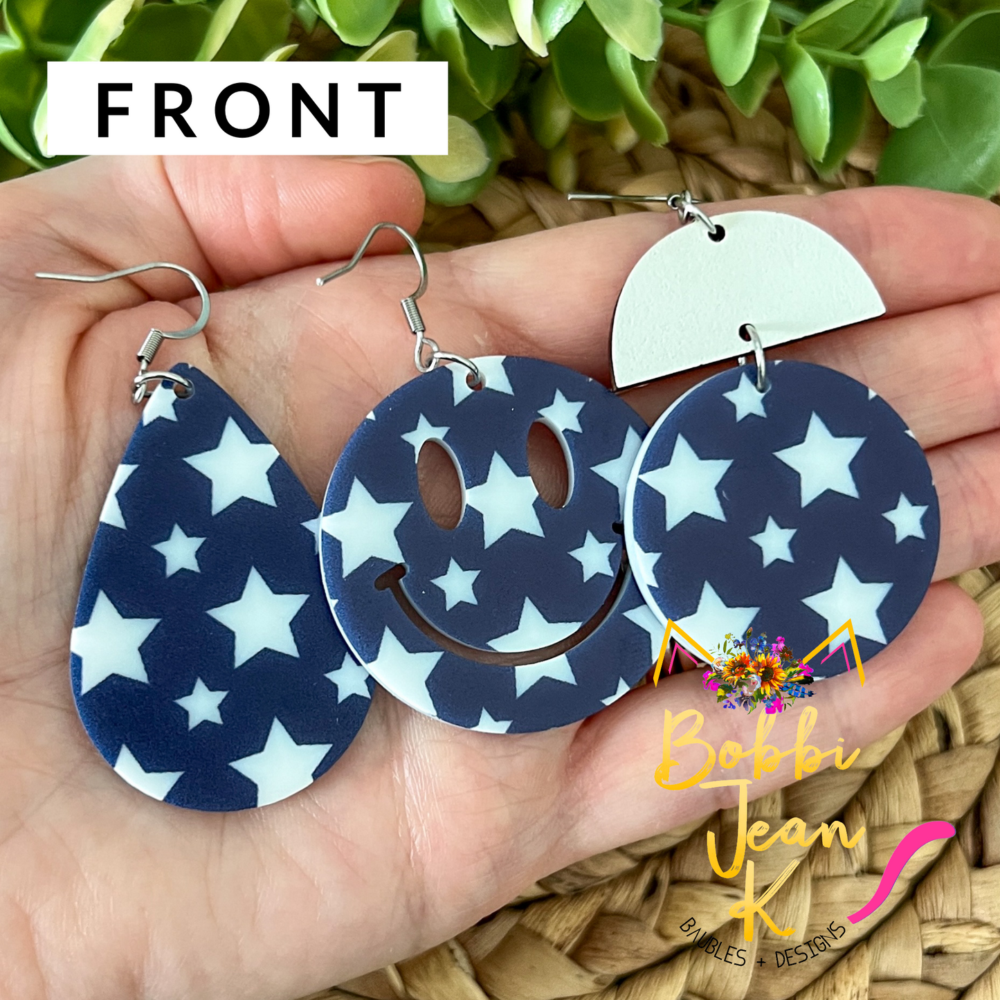 White Stars on Navy Acrylic Earrings: Choose From 3 Styles