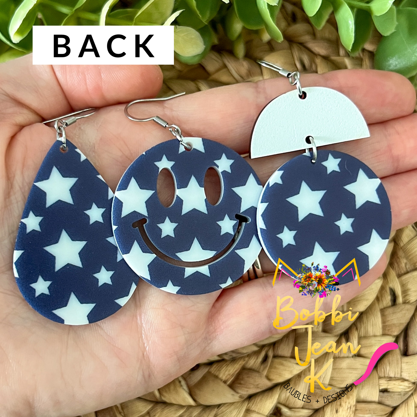 White Stars on Navy Acrylic Earrings: Choose From 3 Styles