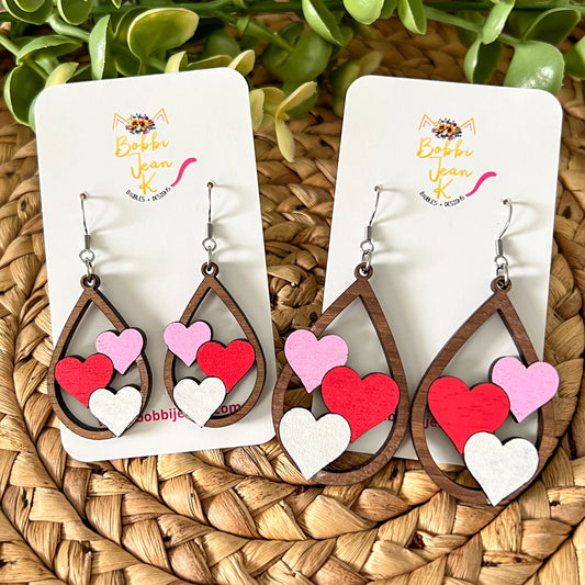 Triple Heart Teardrop Hand Painted Wood Earrings: Choose From 2 Sizes