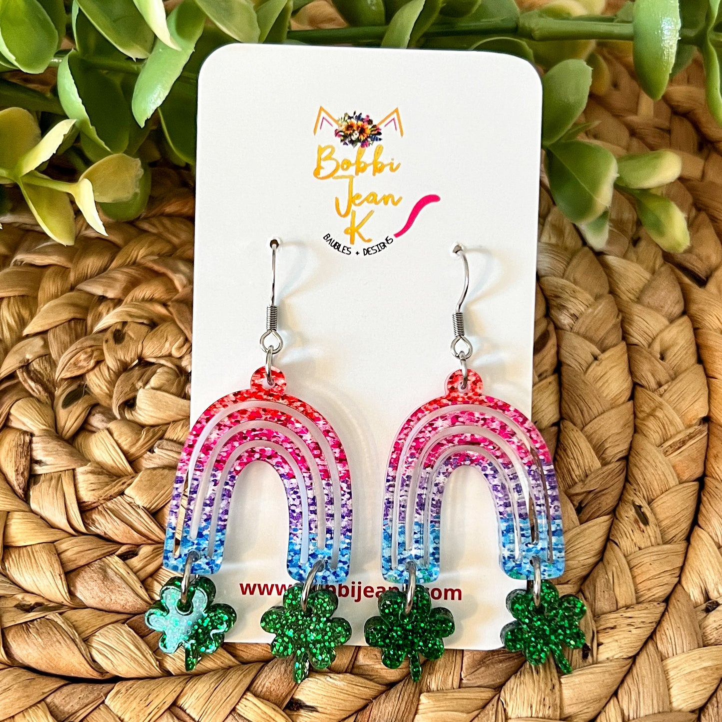 Colorful Rainbow with Glittered Clovers Acrylic Earrings: Choose From 2 Color Ways