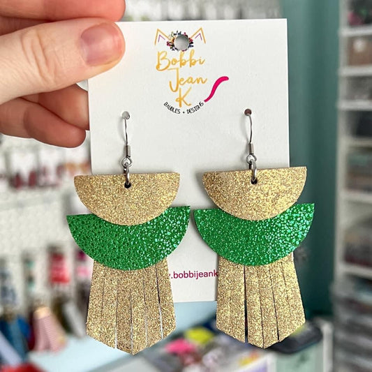SALE: Gold & Green Layered Leather Earrings - ONLY ONE LEFT