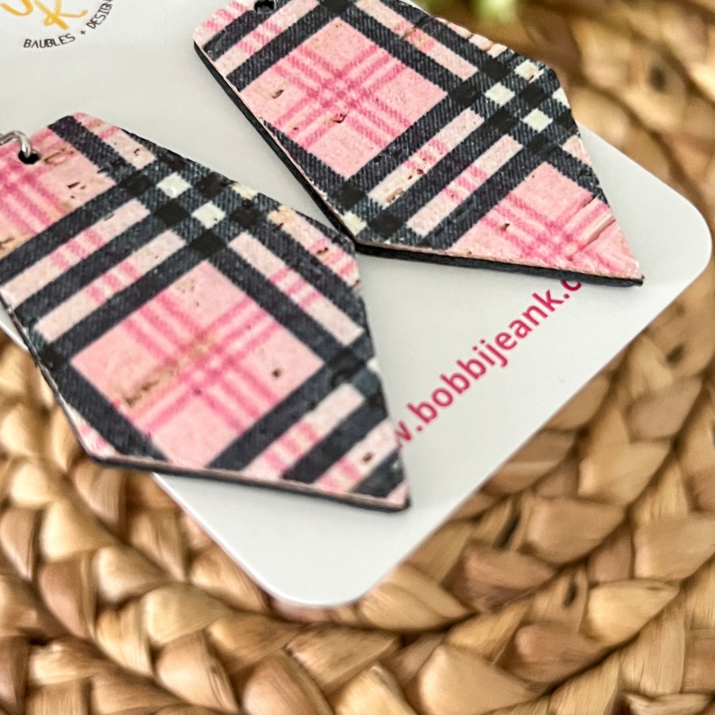 SALE: Pink Plaid Pentagon Cork on Leather Earrings - ONLY ONE LEFT (SLIGHT DEFECT)