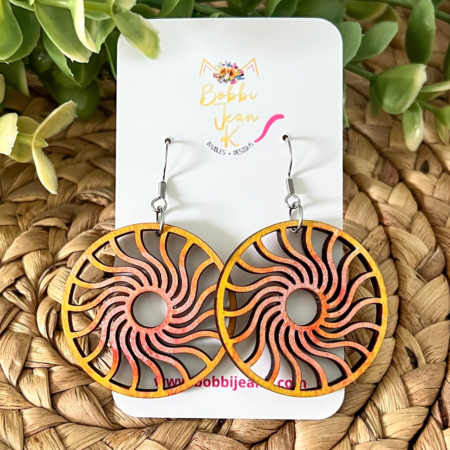 Flowing Sun Hand Stained Wood Earrings - Double Sided: Choose From 2 Sizes (a July Bestie Box Pair)