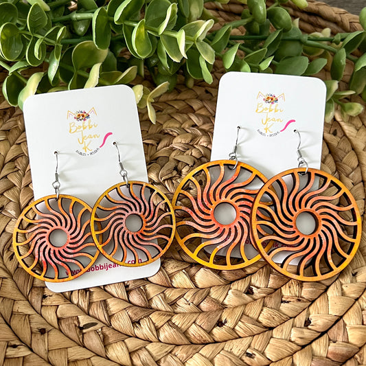 Flowing Sun Hand Stained Wood Earrings - Double Sided: Choose From 2 Sizes - ONLY ONE LEFT OF EACH