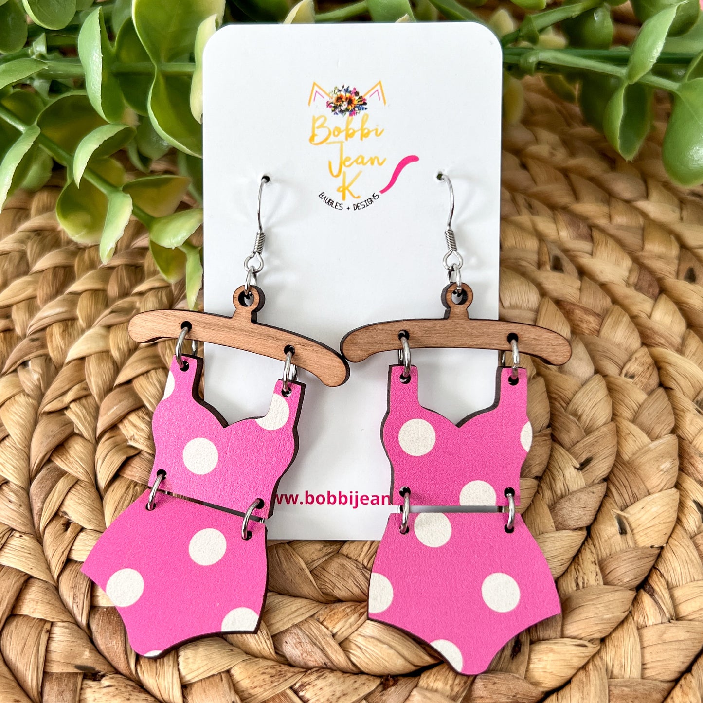SALE: Pink & White Polka Dotted Swimsuit Wood Earrings (2.5 Inch Size) - ONLY ONE LEFT