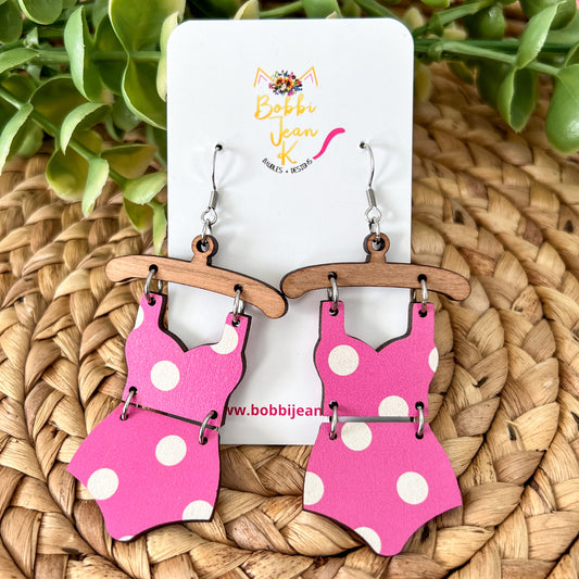 SALE: Pink & White Polka Dotted Swimsuit Wood Earrings (2.5 Inch Size) - ONLY ONE LEFT