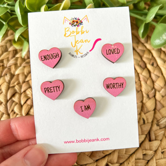 SALE: Pink Wood Affirmation Heart Studs: 4 Pairs in One Set - ONLY ONE LEFT (SLIGHT DEFECT)
