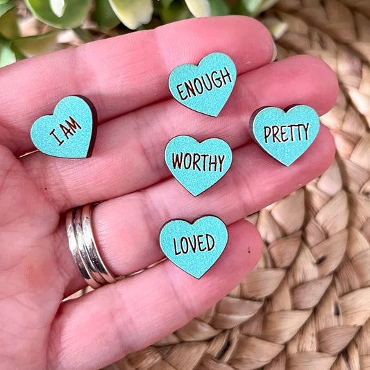 SALE: Sea Foam Wood Affirmation Heart Studs: 4 Pairs in One Set - ONLY ONE LEFT (SLIGHT DEFECT)