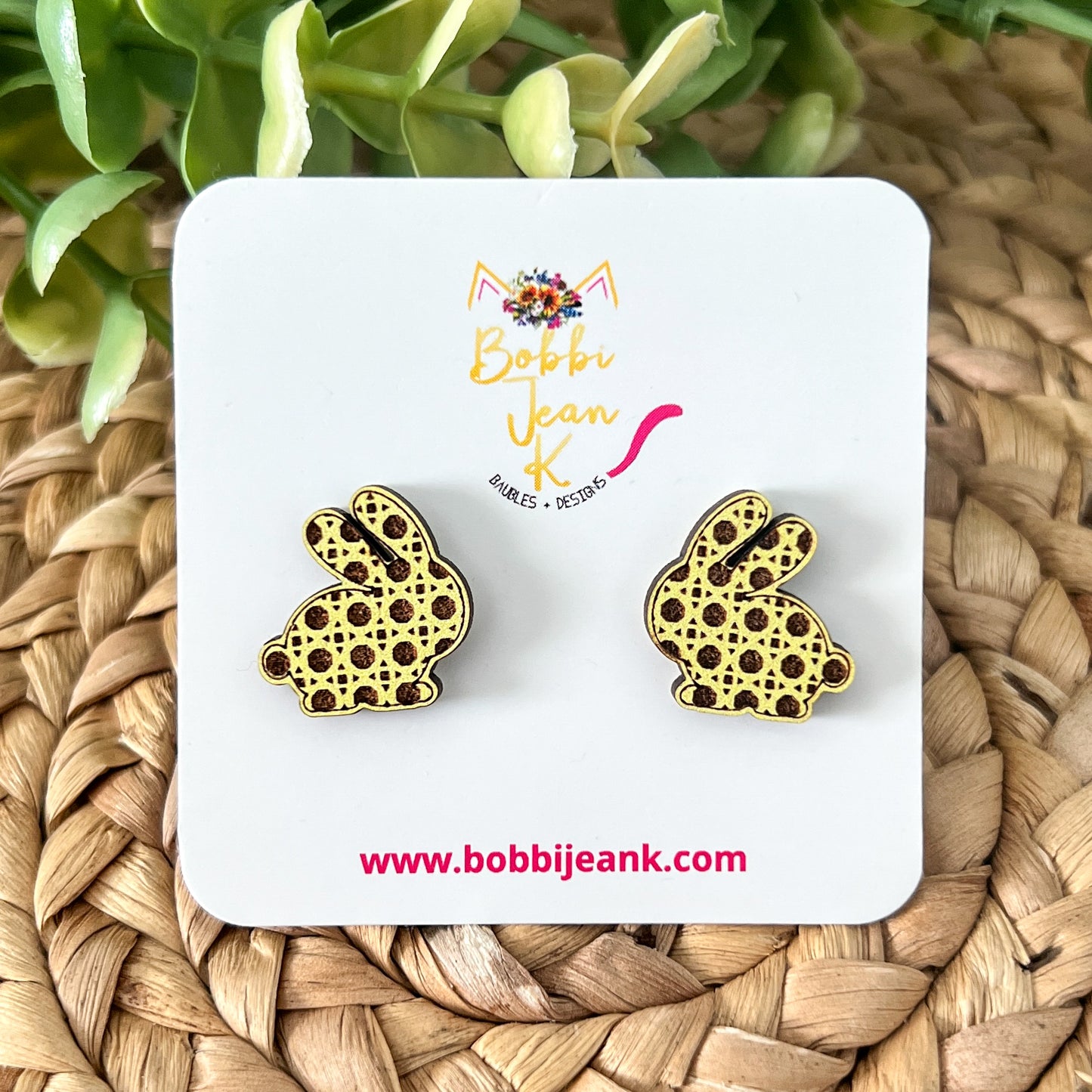 SALE: Rattan Style Yellow Bunny Wood Studs - ONLY ONE LEFT