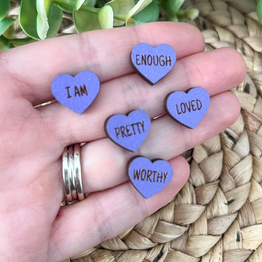 SALE: Purple Wood Affirmation Heart Studs: 4 Pairs in One Set - ONLY ONE LEFT (SLIGHT DEFECT)