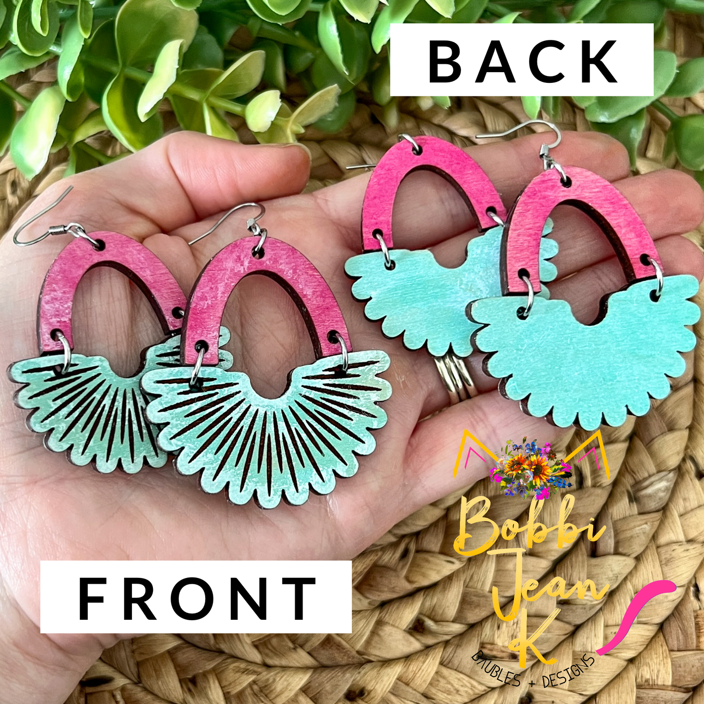 Scalloped Arch Hand Stained Wood Earrings - Double Sided: Choose From 2 Sizes (a July Bestie Box Pair)