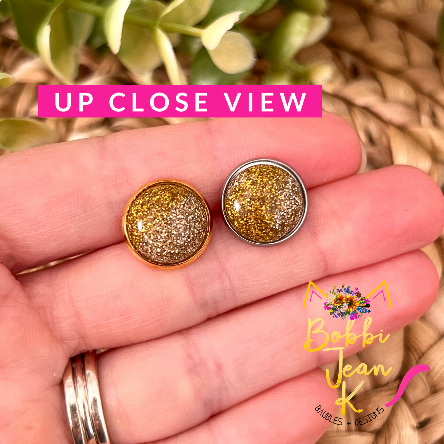 Two-Toned Gold Shimmer Studs 12mm: Choose Silver or Gold Settings - LAST CHANCE