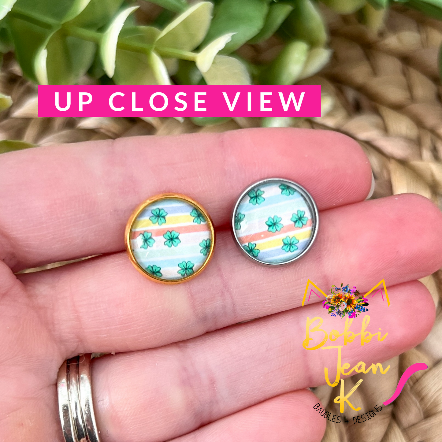 Pastel Striped Clover Glass Studs 12mm: Choose Silver or Gold Settings