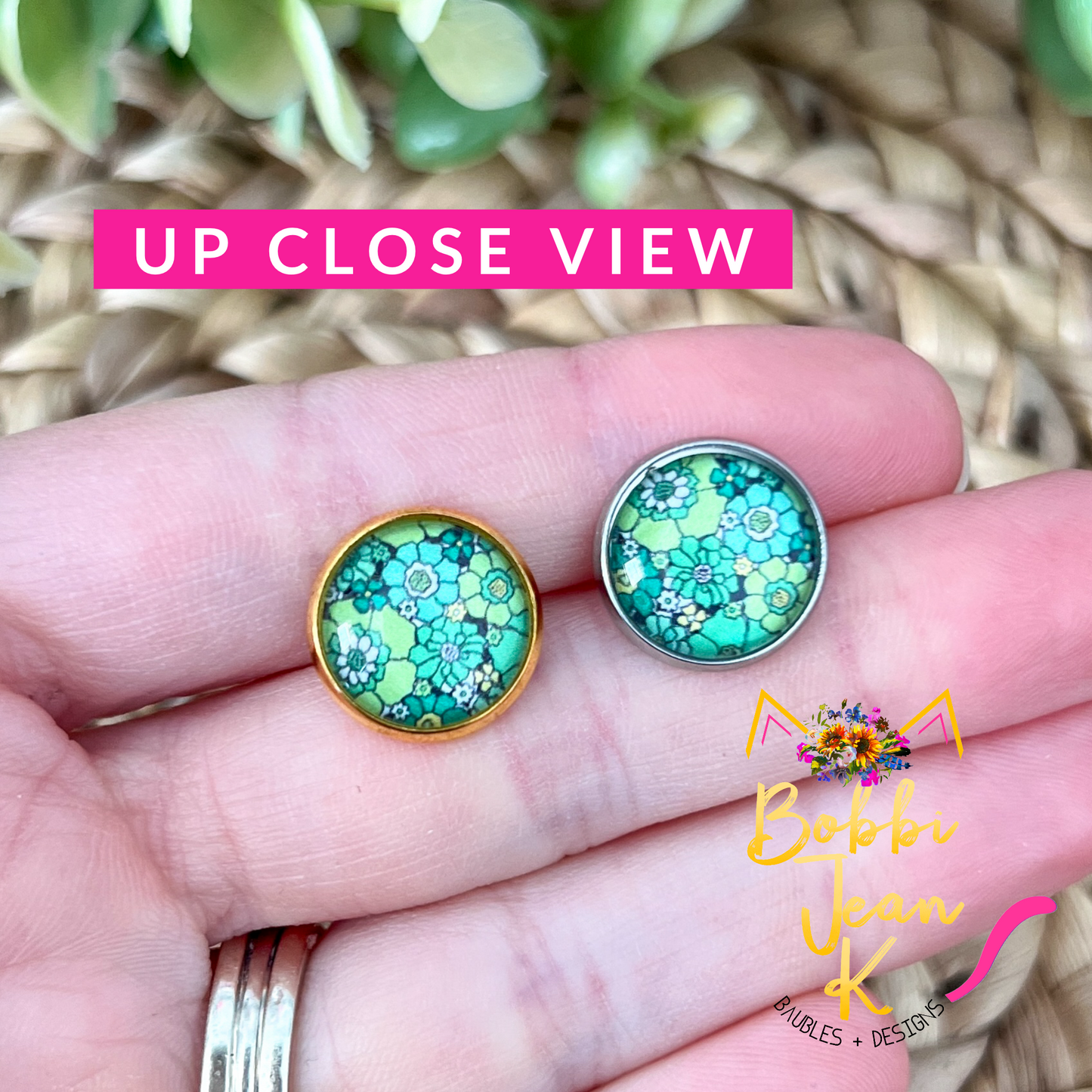 Retro Daisy Glass Studs 12mm: Choose Silver or Gold Settings