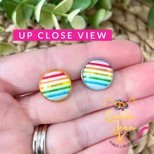 Light Rainbow Striped Resin Studs 12mm: Choose Silver or Gold Settings - LAST CHANCE