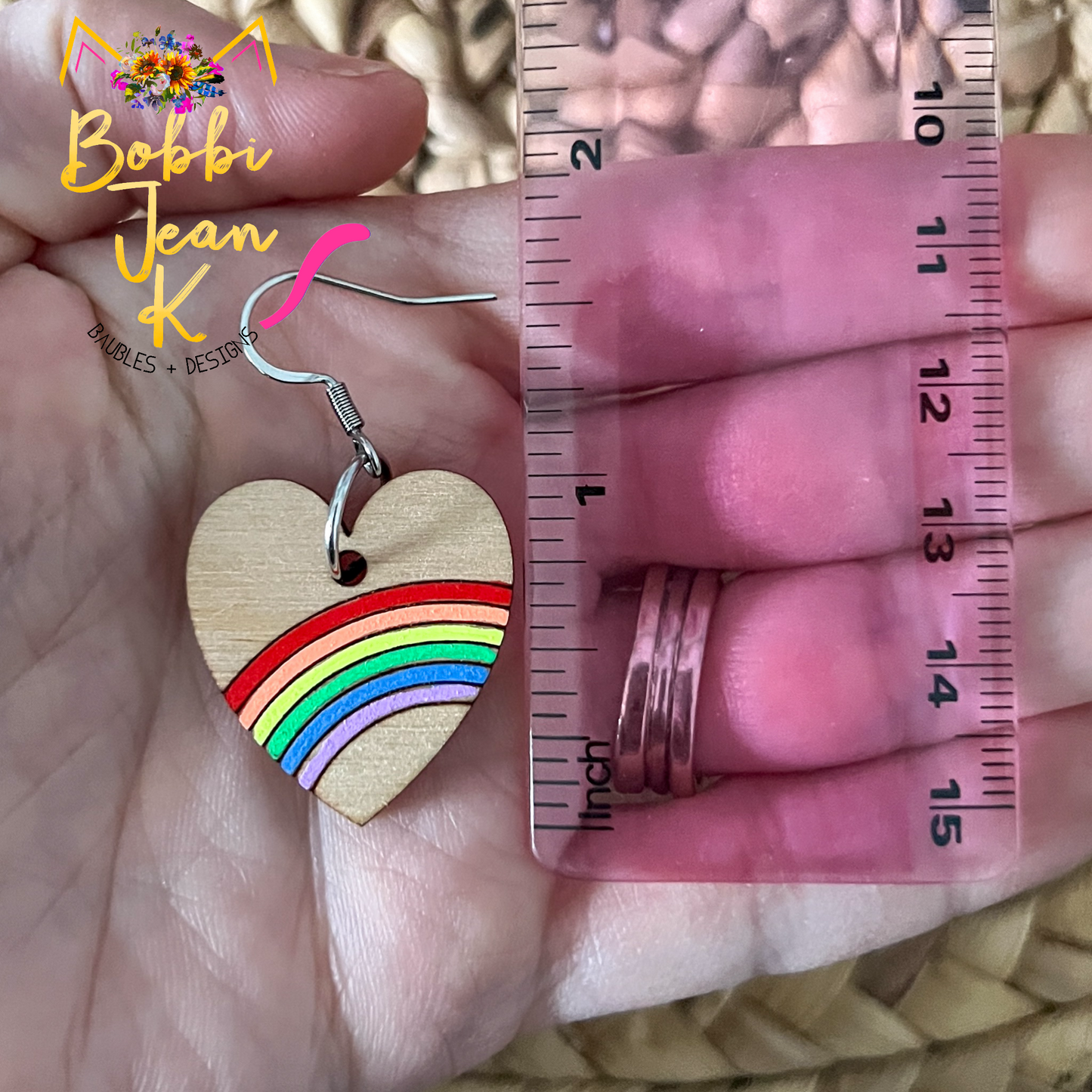 Hand Painted Rainbow Heart Wood Dangles or Studs