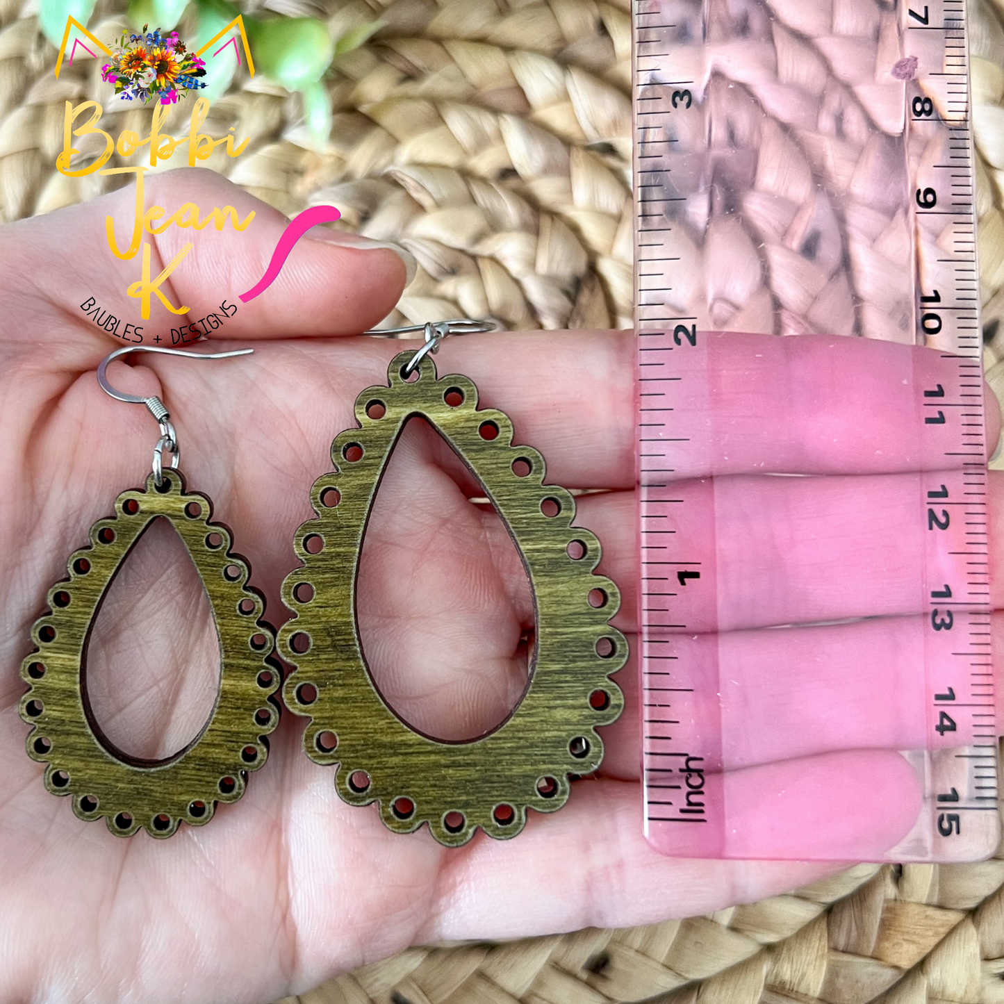 "Lace" Moss Green Dyed Wood Teardrop Earrings - Choose From 2 Sizes