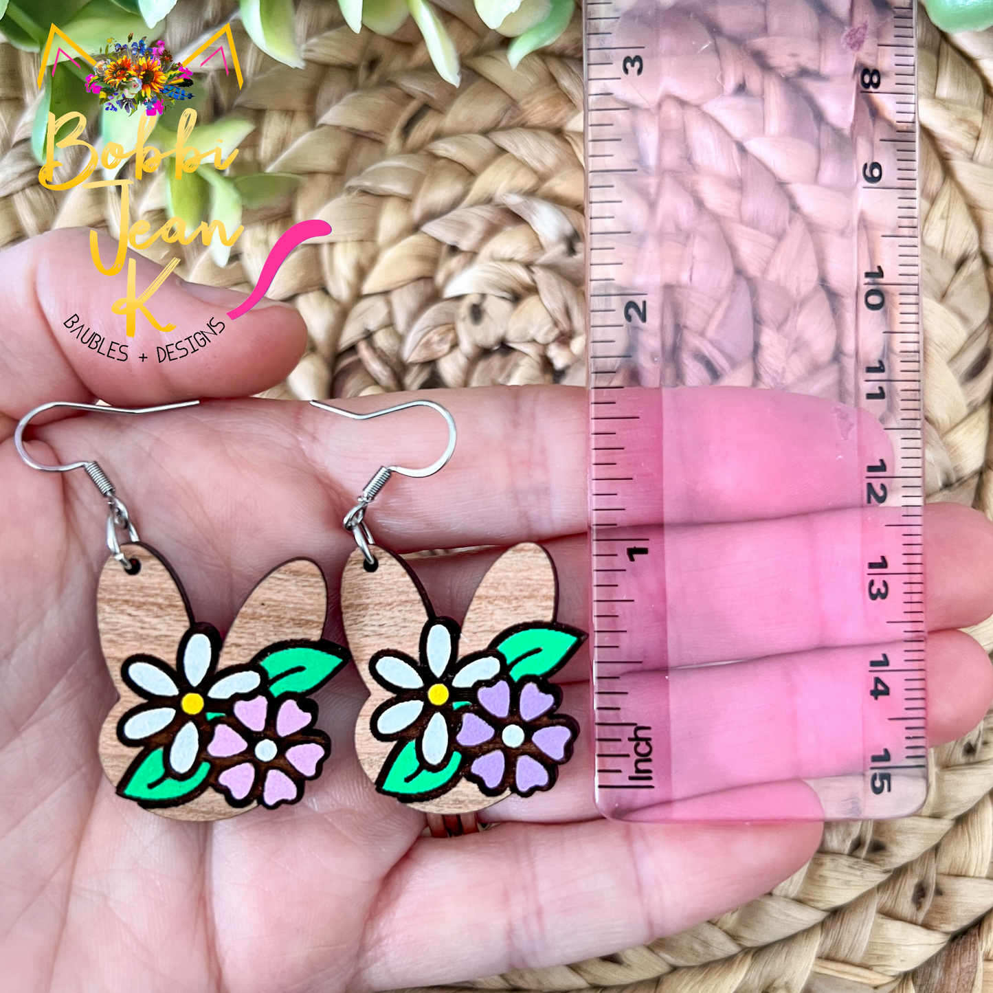 Hand Painted Floral Bunny Wood Earrings: Choose From 2 Color Options