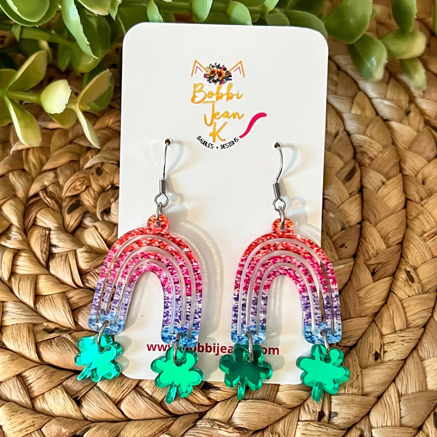 Colorful Rainbow with Mirrored Clovers Acrylic Earrings: Choose From 2 Color Ways