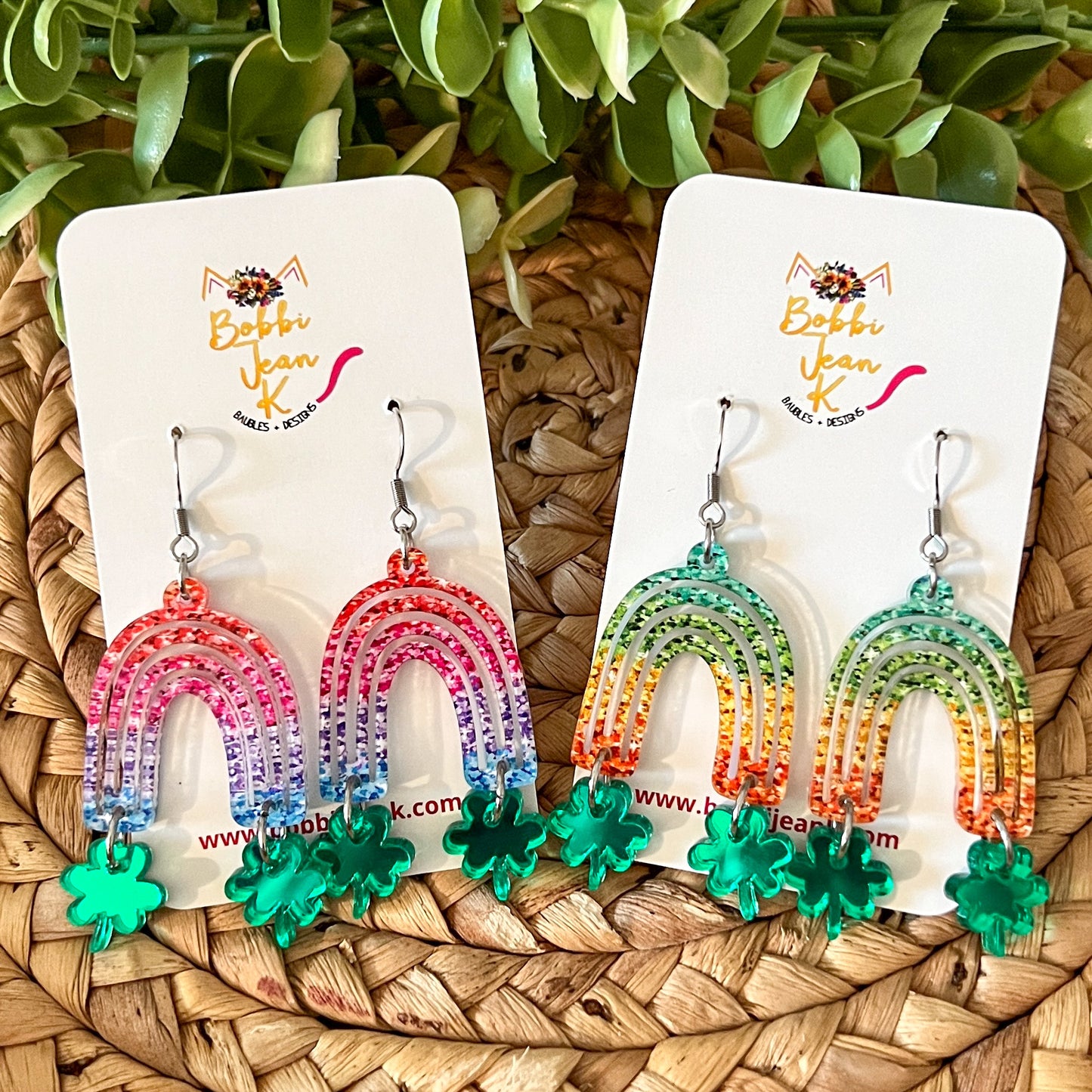 Colorful Rainbow with Mirrored Clovers Acrylic Earrings: Choose From 2 Color Ways