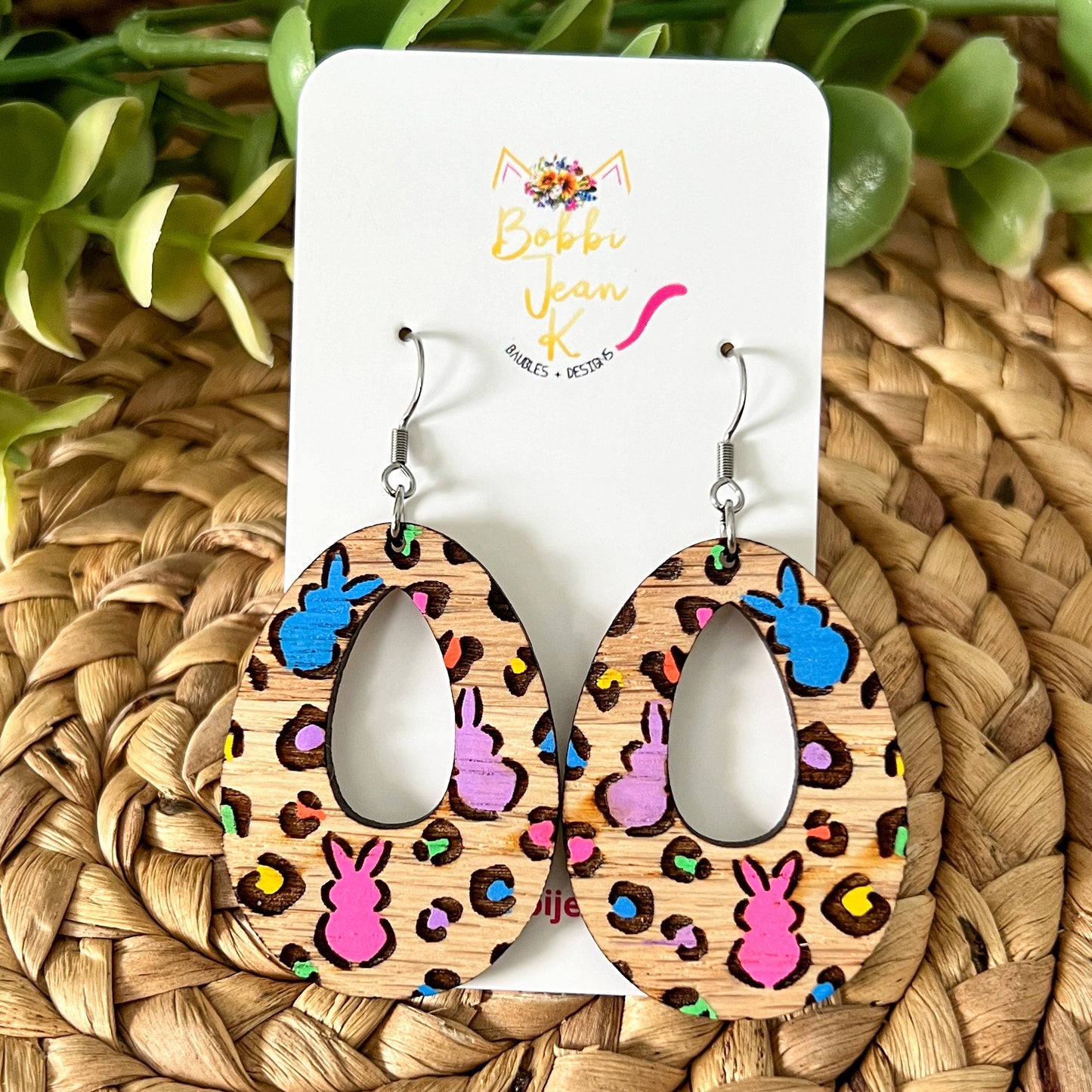 Hand Painted Leopard Print Bunny Wood Earrings: Choose from 2 Sizes