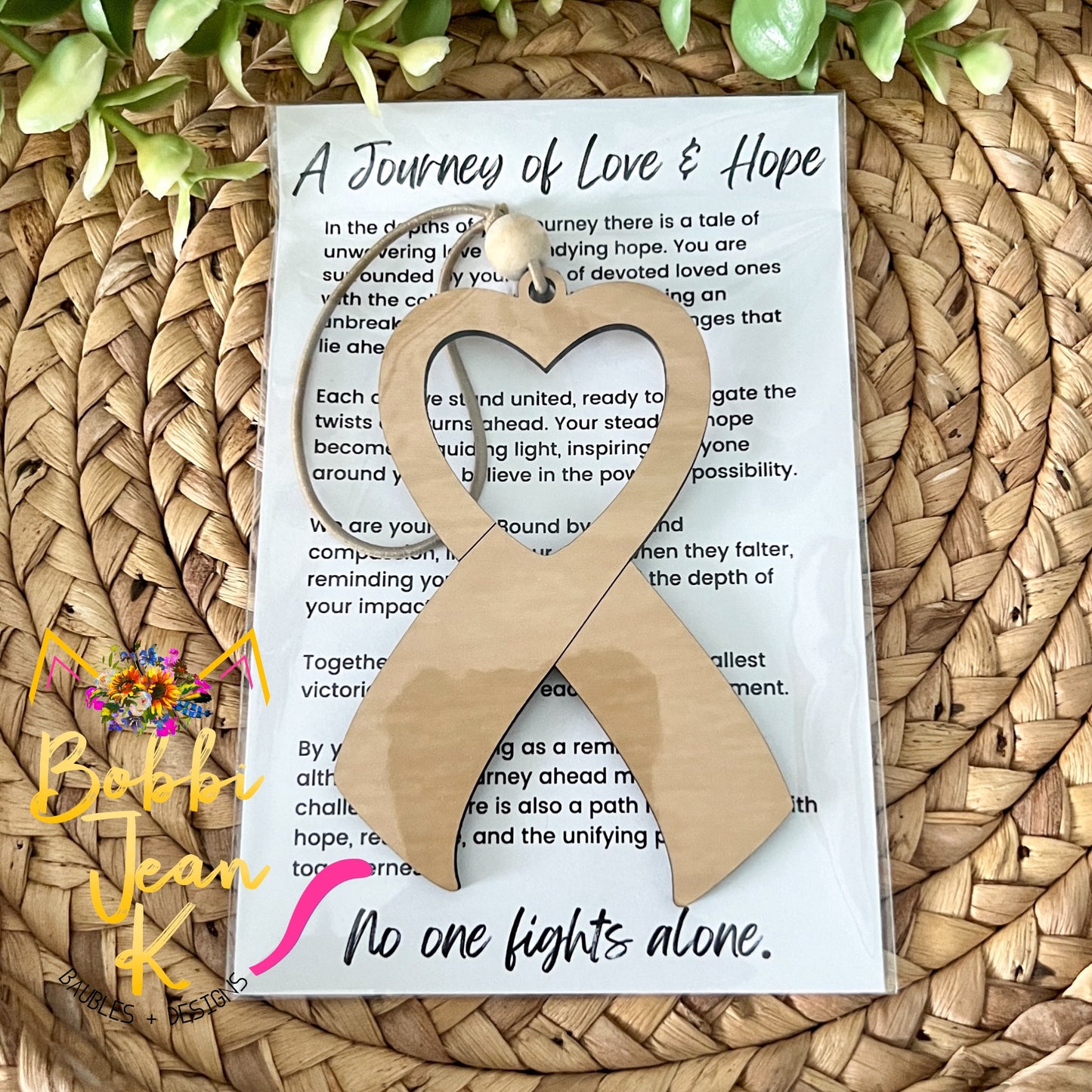 Heart Ribbon "A Journey of Love & Hope" Wood Story Ornament & Car Charm