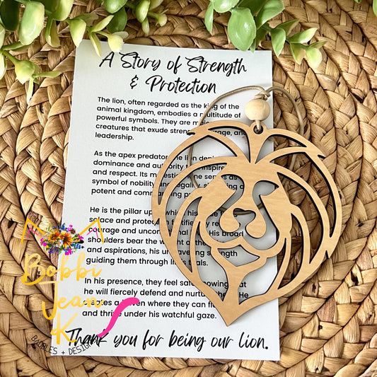 Lion "A Story of Strength & Protection" Wood Story Ornament & Car Charm