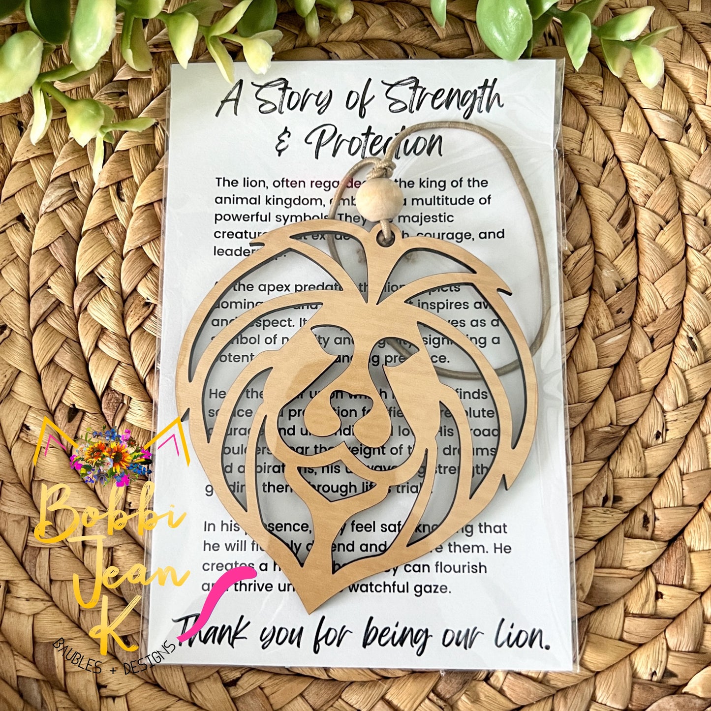 Lion "A Story of Strength & Protection" Wood Story Ornament & Car Charm