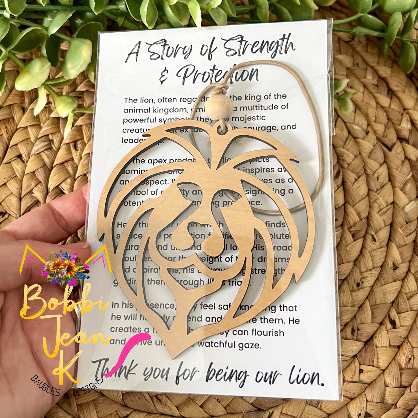 Lion "A Story of Strength & Protection" Wood Story Ornament & Car Charm